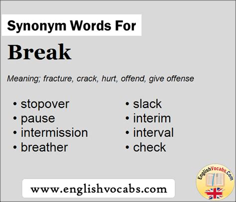 break synonyms, break pronunciation, break translation, English dictionary definition of break. . Break synonym